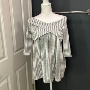Grey and white striped off the shoulder top.